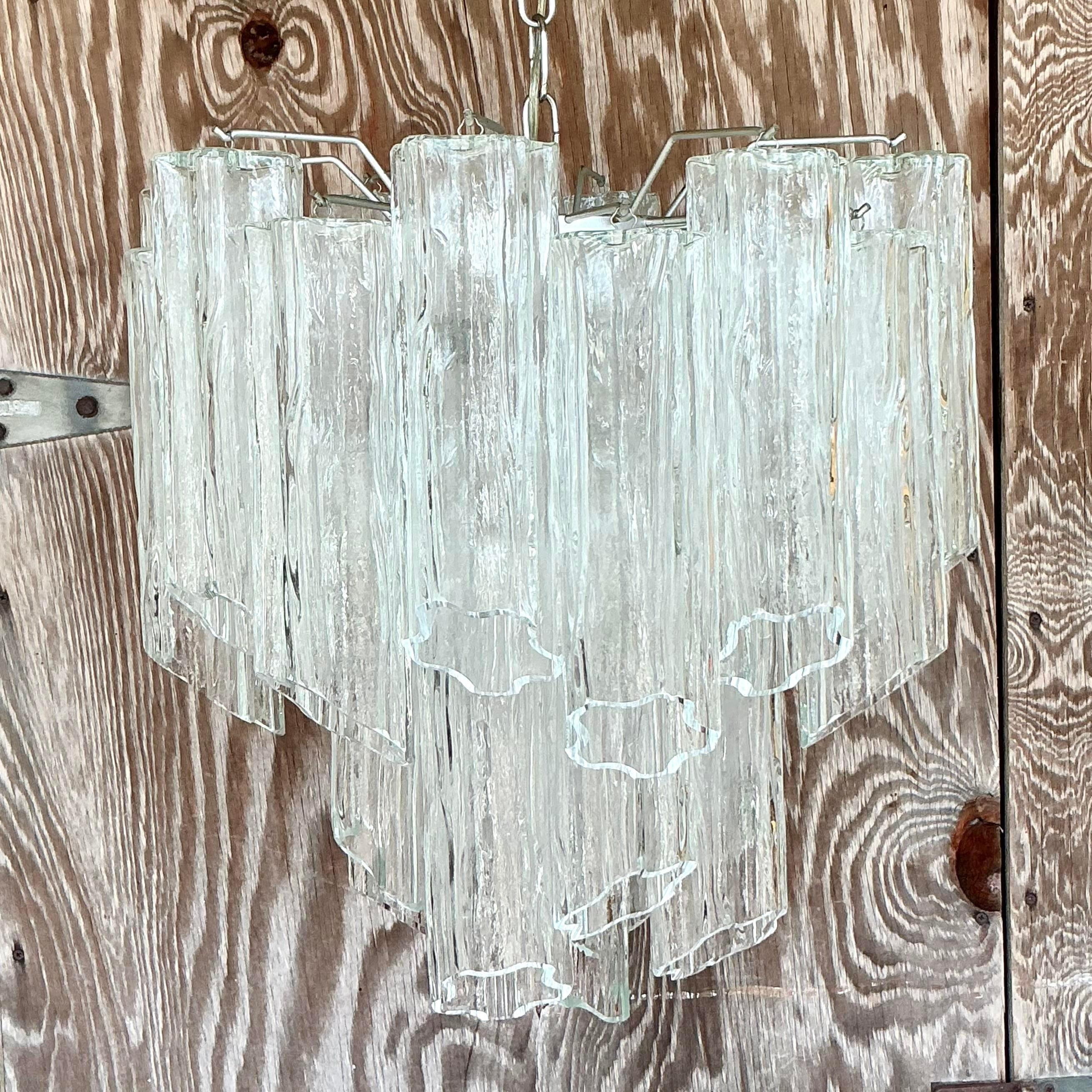 Metal Vintage Italian Tubular Glass Chandelier After Murano For Sale