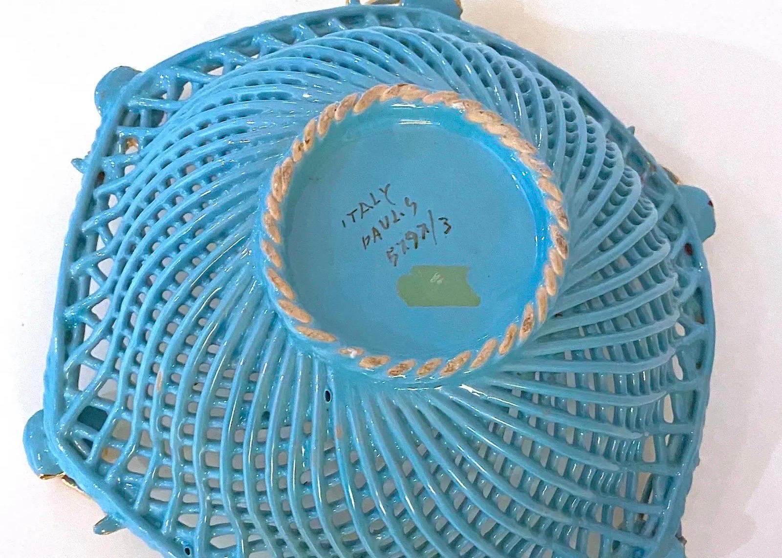 Vintage Italian Turquoise and Gold Ceramic Basket Weave Bowl For Sale 3