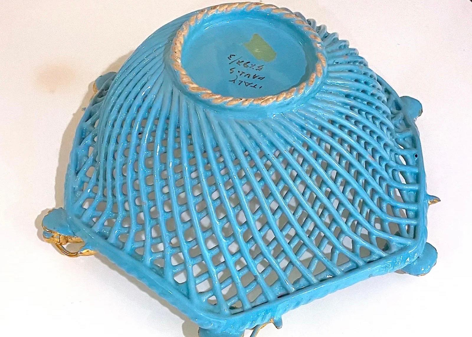 Vintage Italian Turquoise and Gold Ceramic Basket Weave Bowl For Sale 5