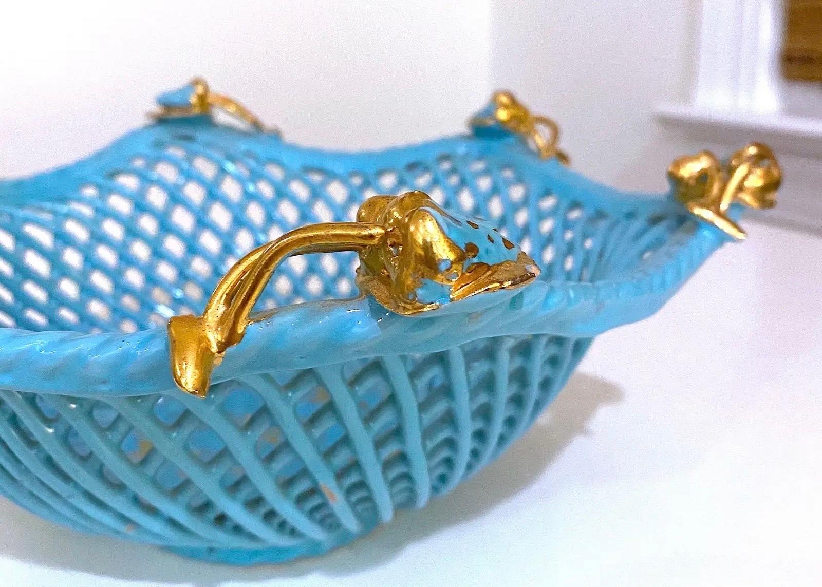 Vintage Italian Turquoise and Gold Ceramic Basket Weave Bowl For Sale 6
