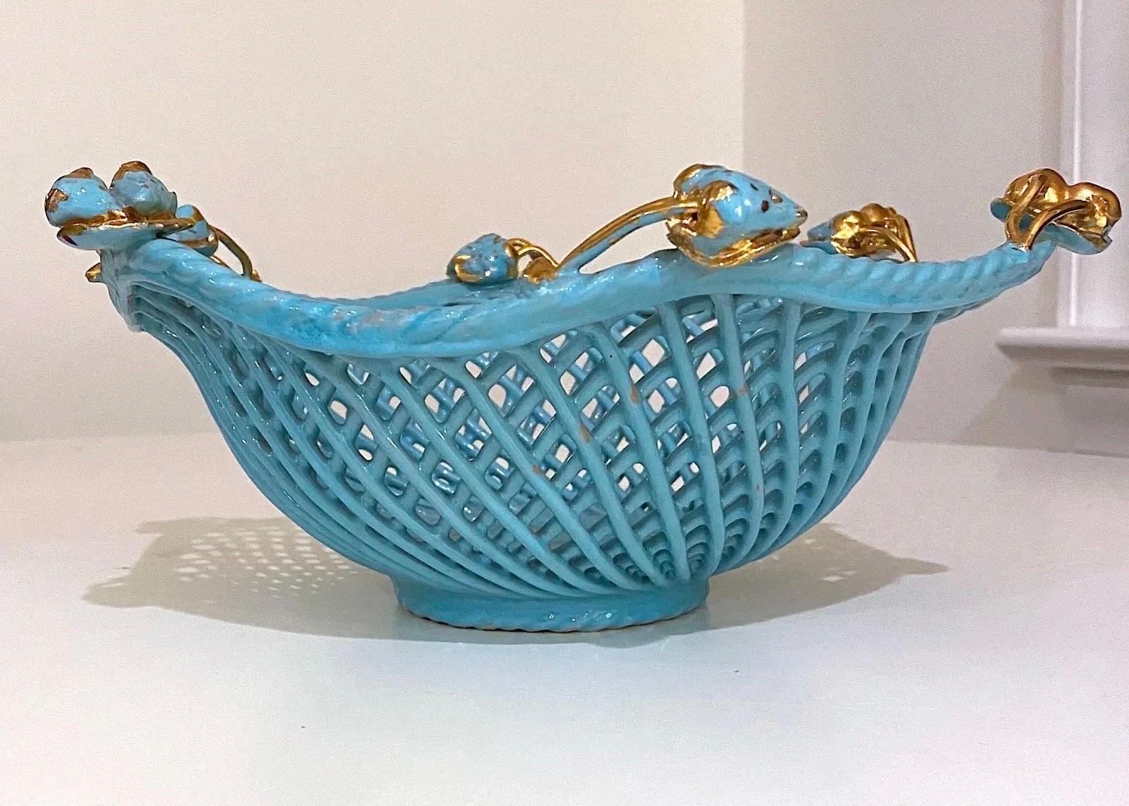 Hollywood Regency Vintage Italian Turquoise and Gold Ceramic Basket Weave Bowl For Sale