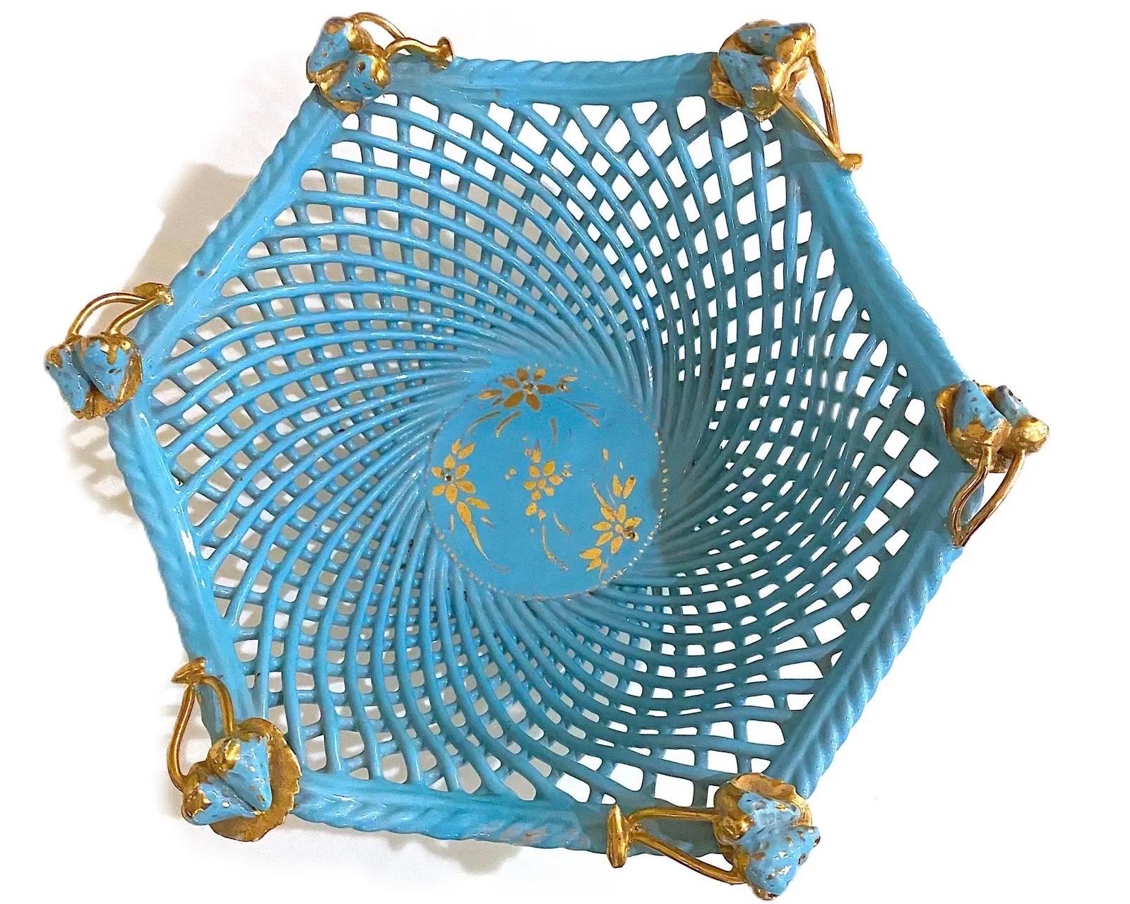 20th Century Vintage Italian Turquoise and Gold Ceramic Basket Weave Bowl For Sale