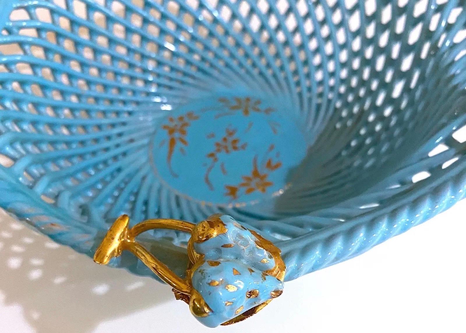 Majolica Vintage Italian Turquoise and Gold Ceramic Basket Weave Bowl For Sale