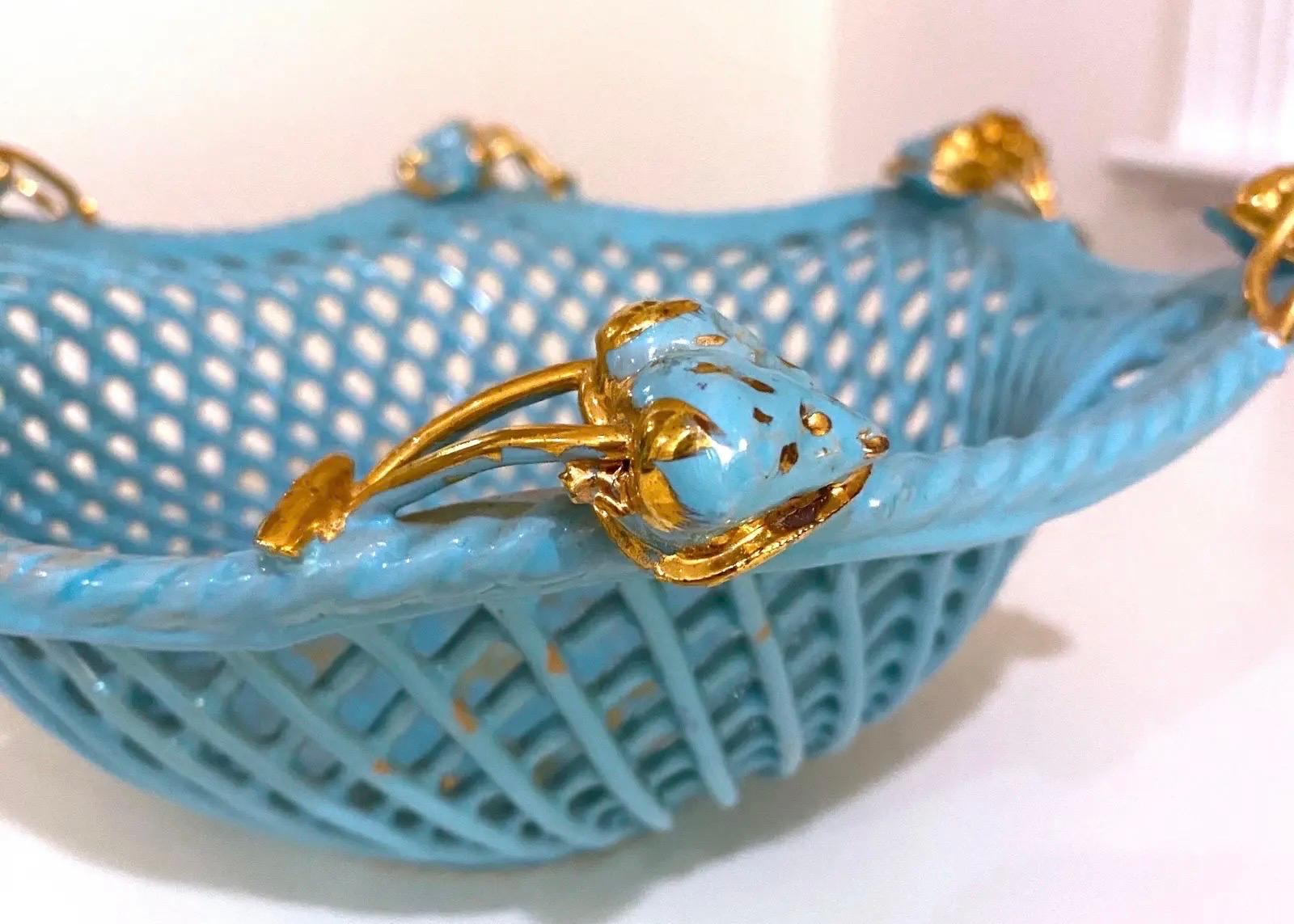 Vintage Italian Turquoise and Gold Ceramic Basket Weave Bowl For Sale 2