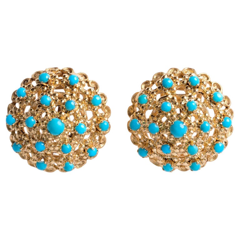 Vintage Italian Turquoise Dome French Lever Back 18K Yellow Gold