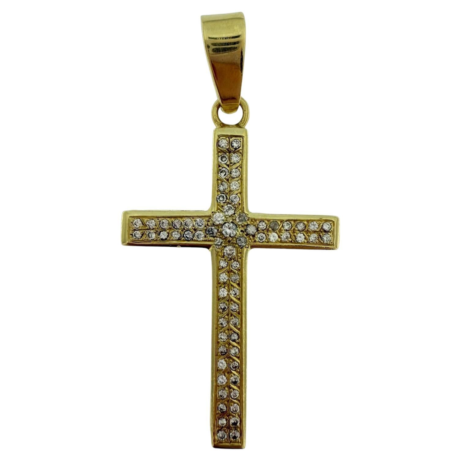 Vintage Italian Two Faced Yellow Gold Cross with Diamonds For Sale