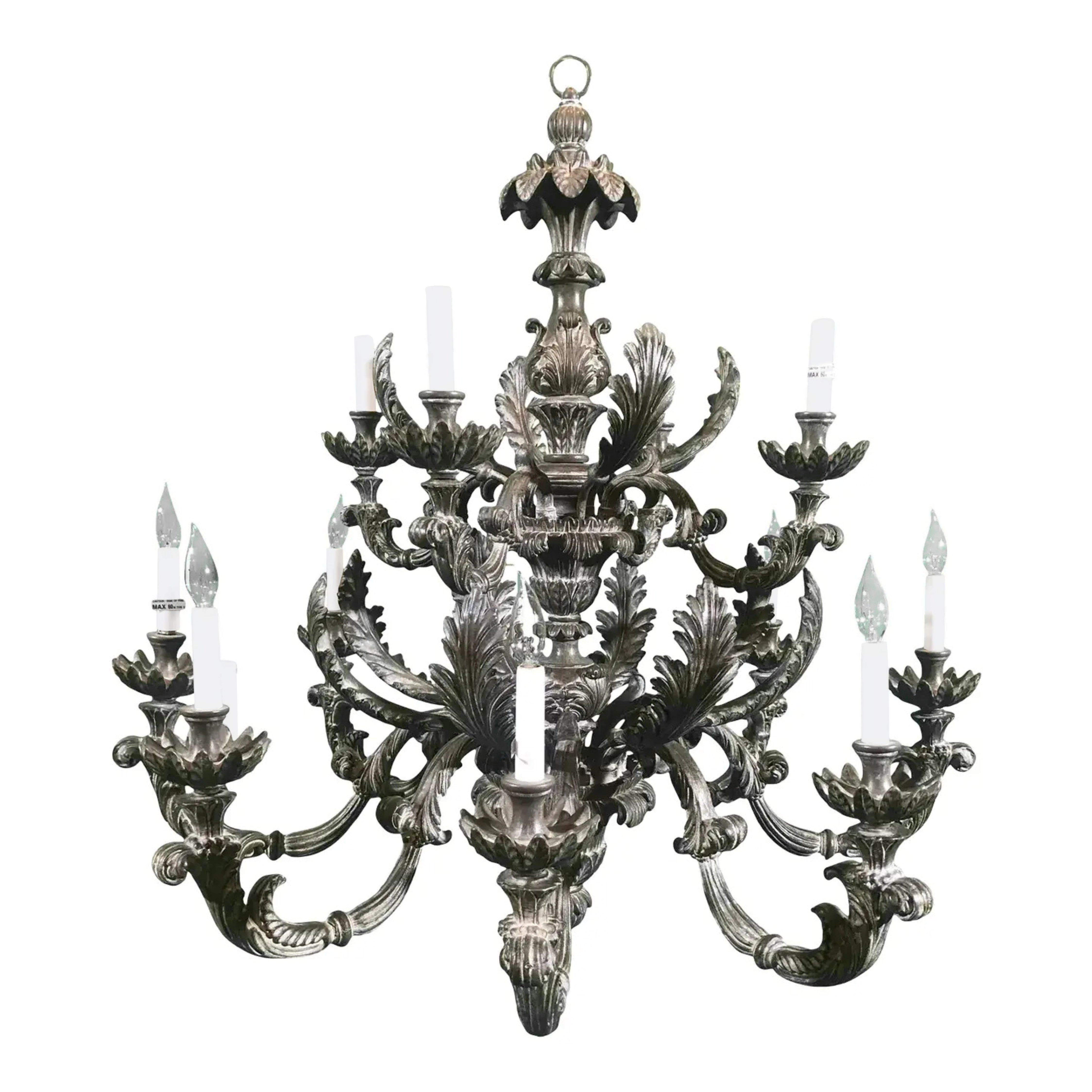 Italian Two-Tier 12-Light Chandelier, Oxidized Silver For Sale