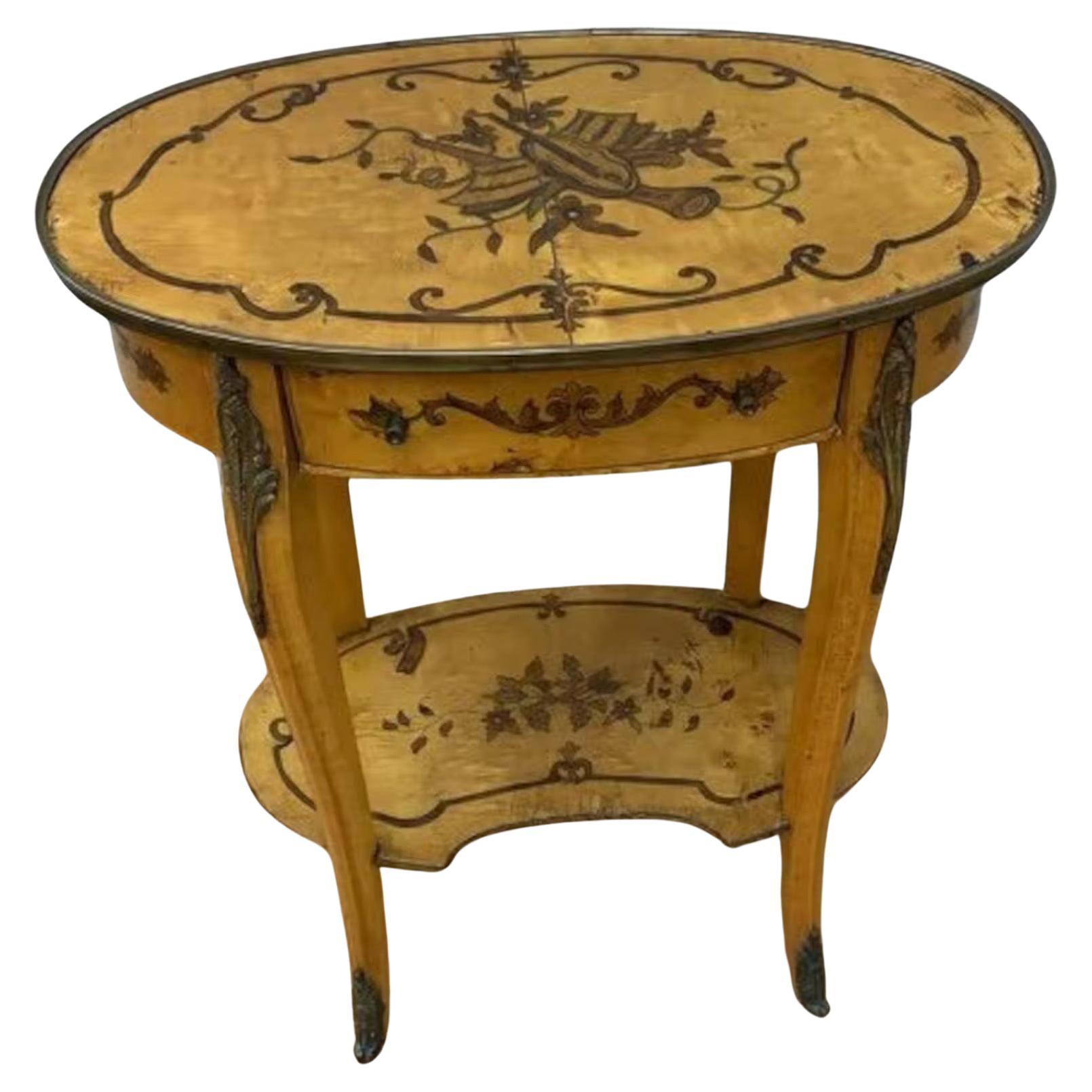 Table d'appoint italienne vintage à deux niveaux en marqueterie