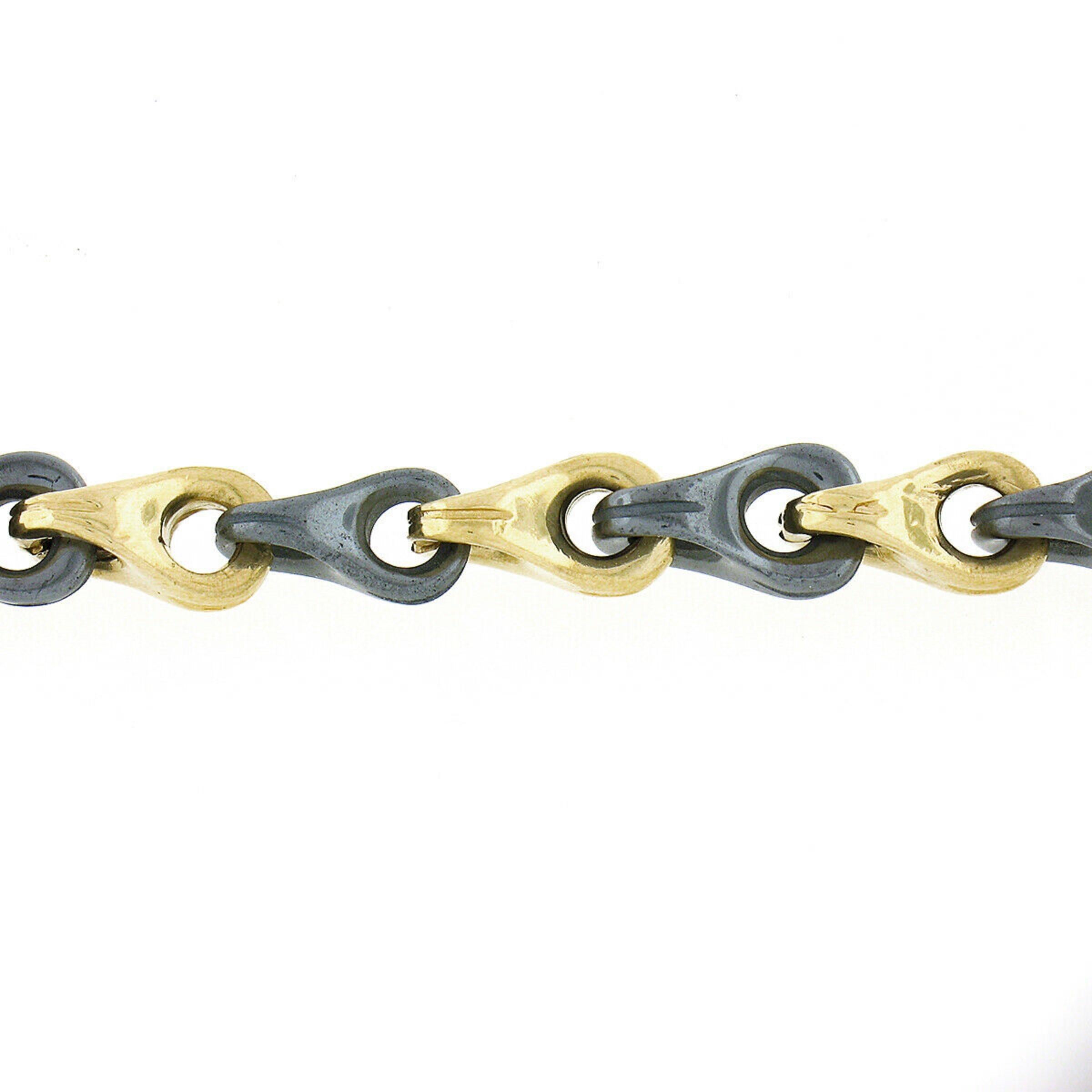Tumbled Vintage Italian Unisex Alternating Solid 14k Gold & Hematite Link Chain Bracelet For Sale
