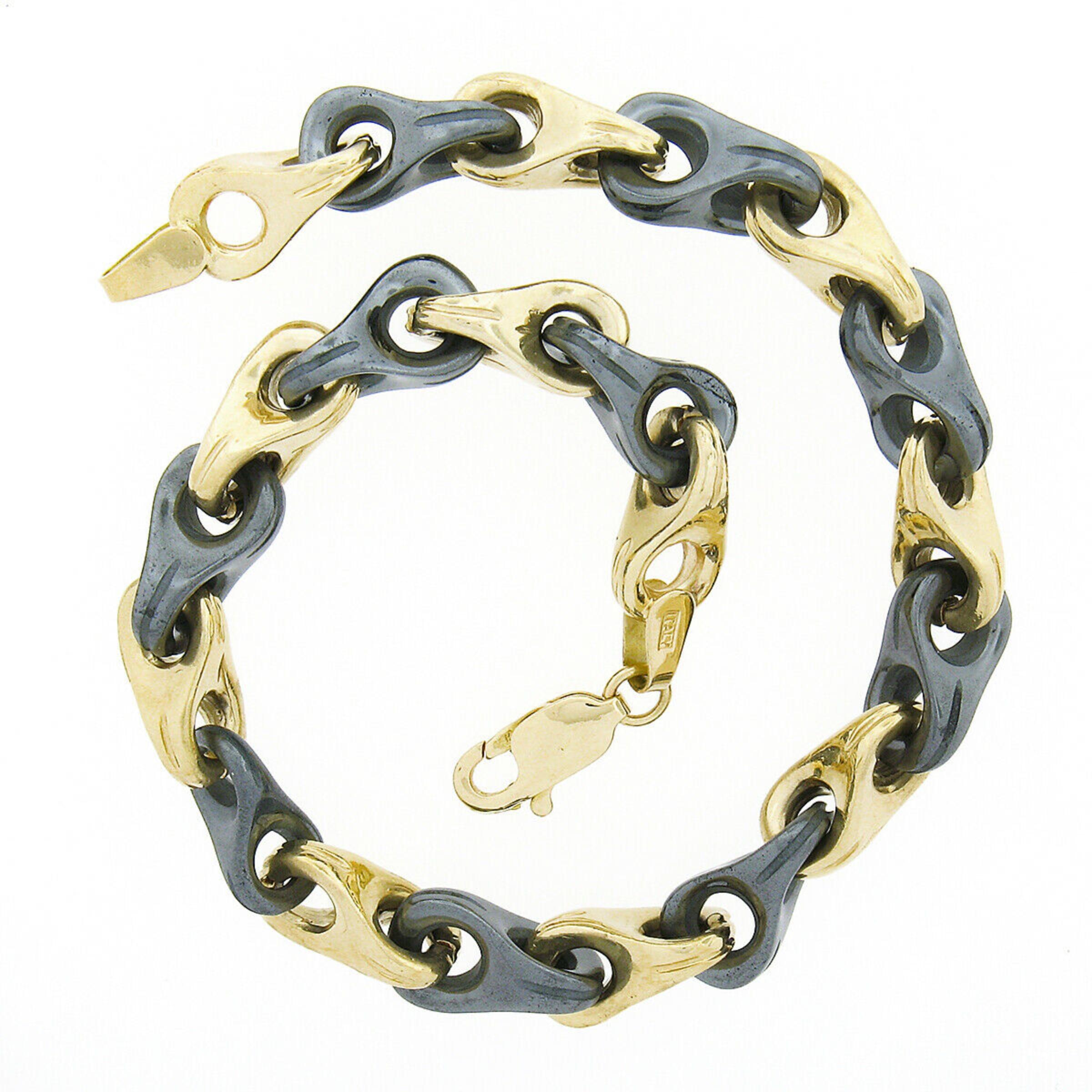 Vintage Italian Unisex Alternating Solid 14k Gold & Hematite Link Chain Bracelet In Good Condition For Sale In Montclair, NJ
