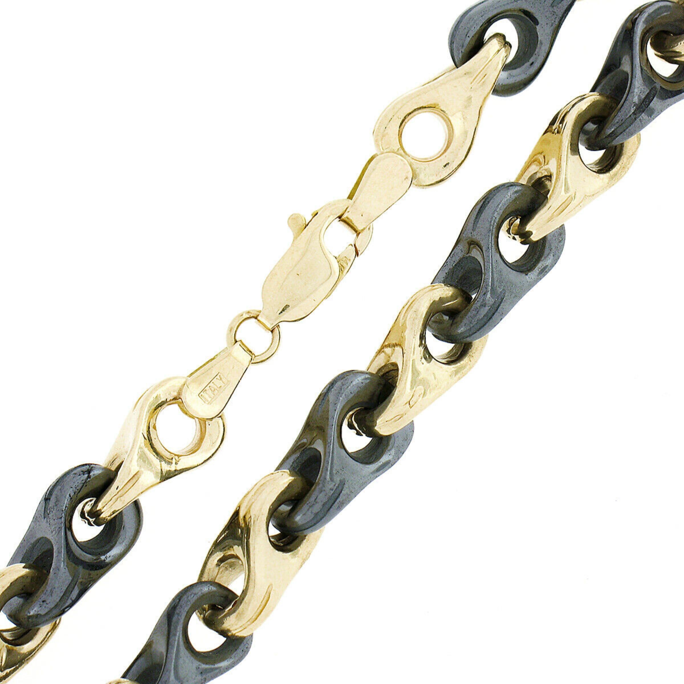 Vintage Italian Unisex Alternating Solid 14k Gold & Hematite Link Chain Bracelet For Sale 1