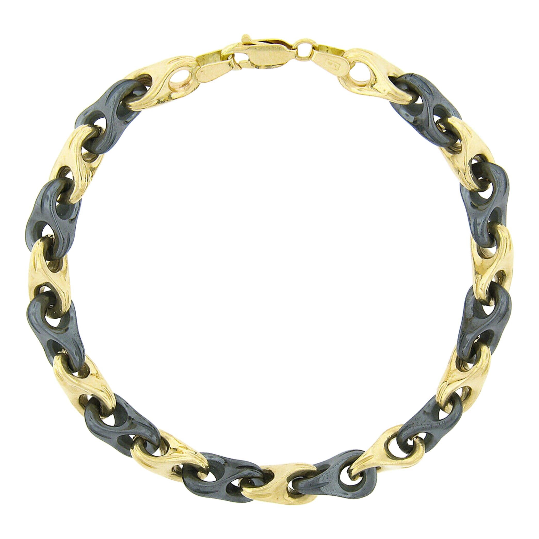 Vintage Italian Unisex Alternating Solid 14k Gold & Hematite Link Chain Bracelet For Sale