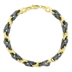 Retro Italian Unisex Alternating Solid 14k Gold & Hematite Link Chain Bracelet