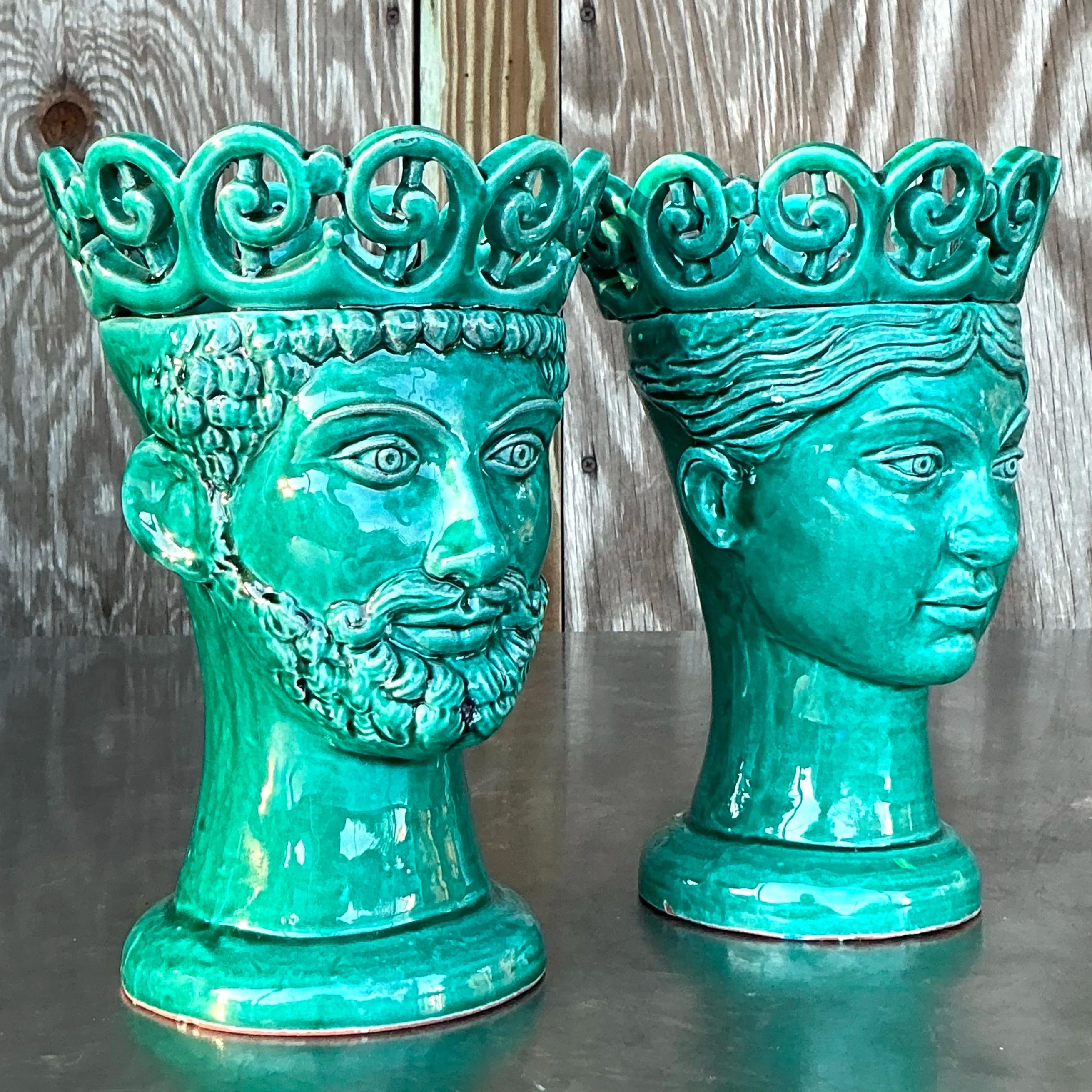Vintage Italian Val Demone Glazed Ceramic Vases - a Pair For Sale