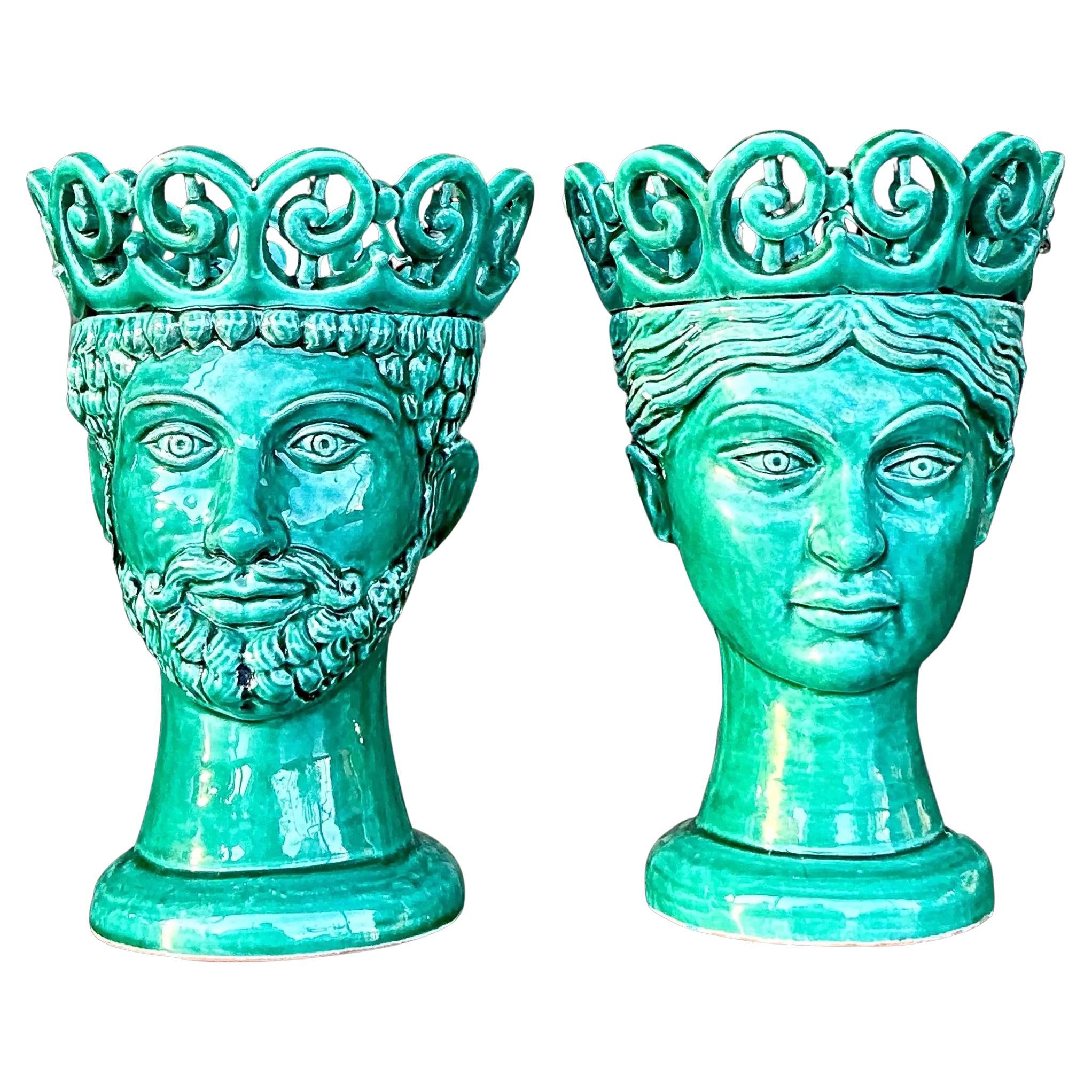 Vintage Italian Val Demone Glazed Ceramic Vases - a Pair For Sale