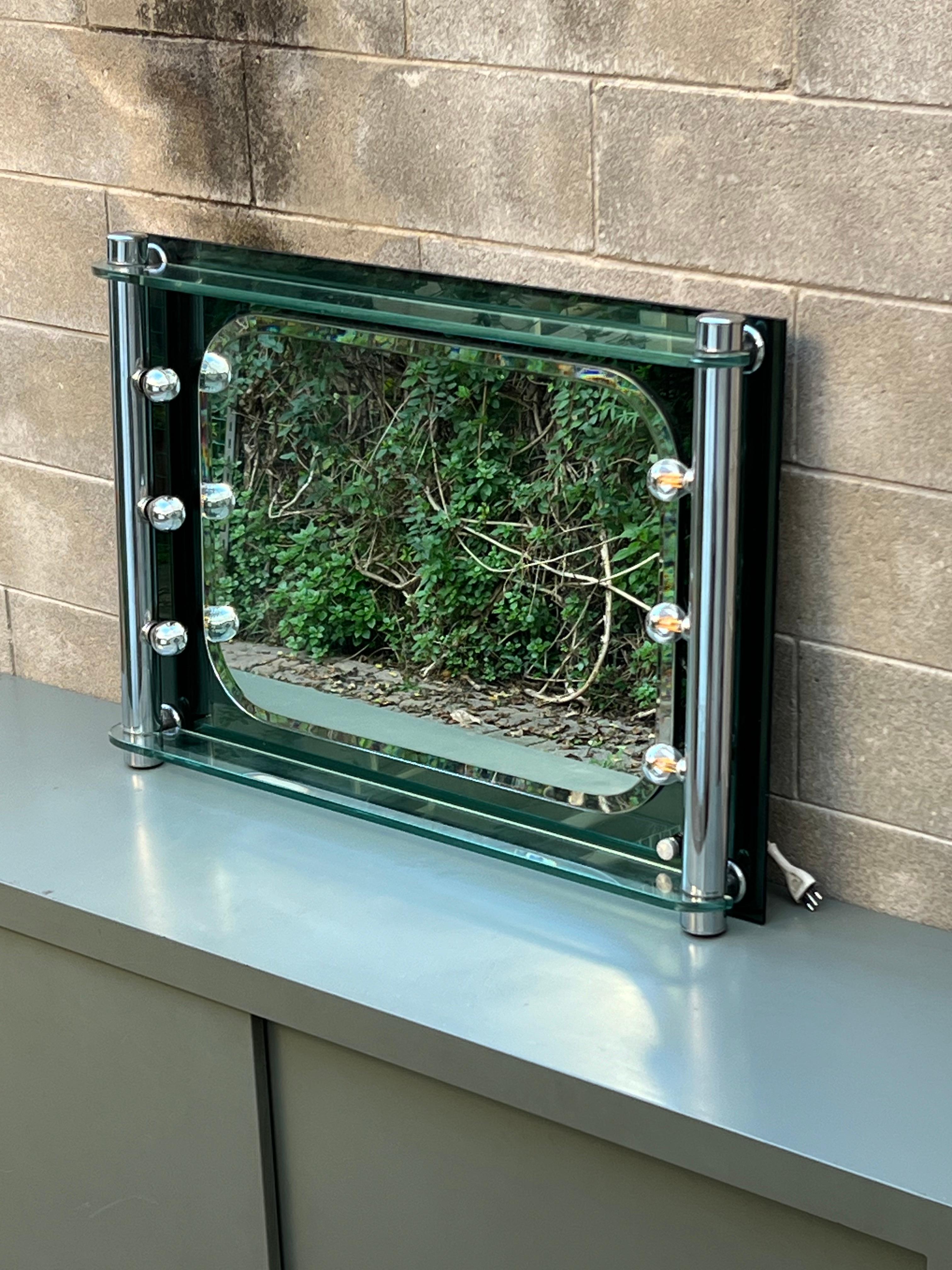 Late 20th Century Vintage Italian Vanity Mirror with Lights, makeup art stylish fashion mirror For Sale