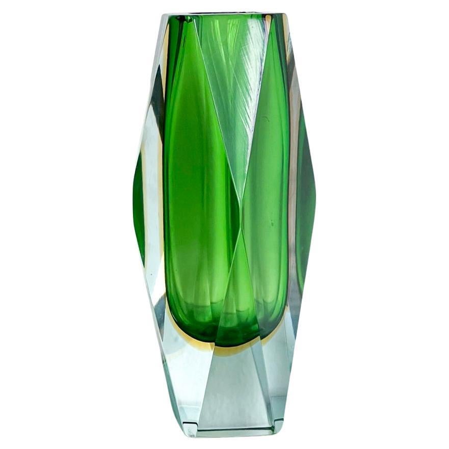 Vintage Italian Vase in Massive Green "Sommerso" Murano Glass, Flavio Poli Style For Sale