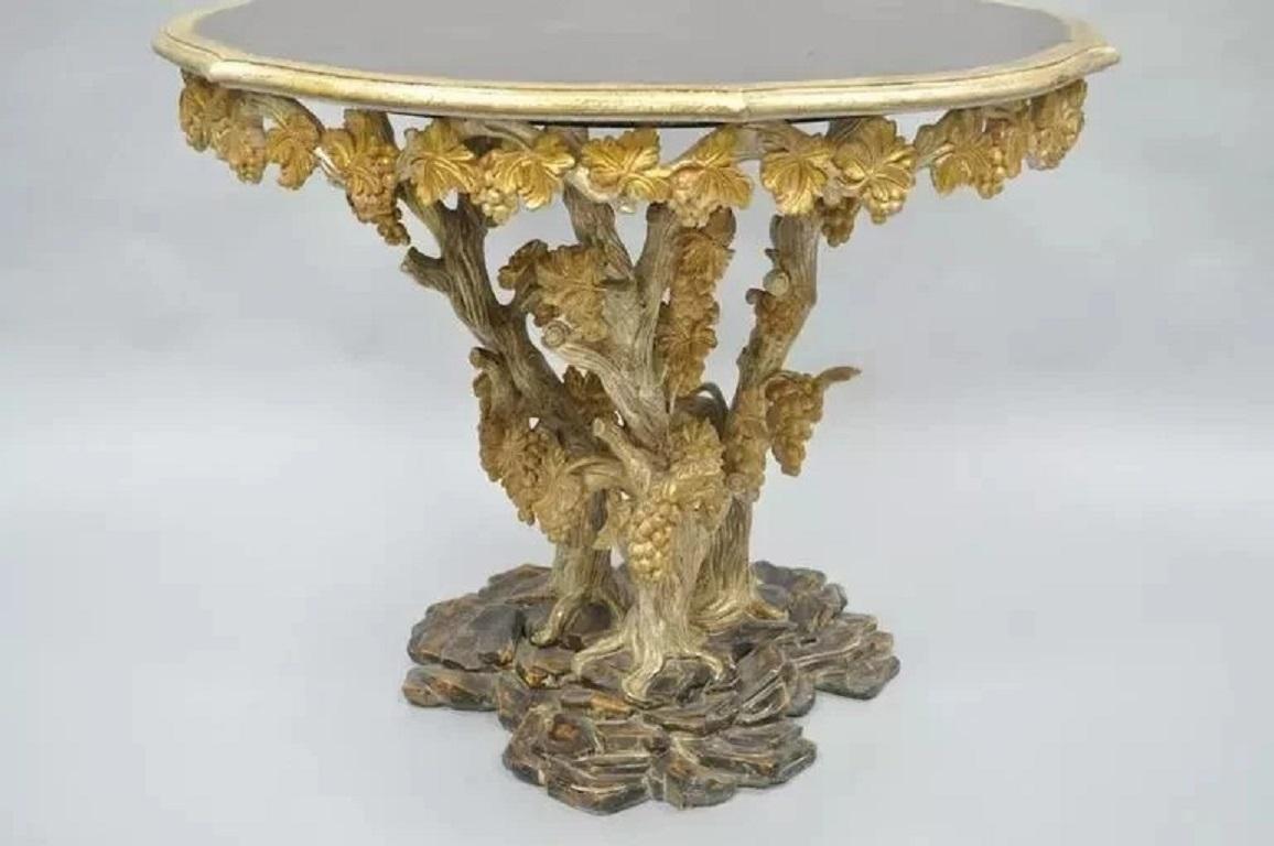 High Quality Vintage Italian Venetian Carved Wood Faux Bois Grapevine Pedestal Base Side Center Tables - a Pair. Item features a silver and gold gilt finish, table tops painted in original oil drop / tortoise shell finish. Stamped 