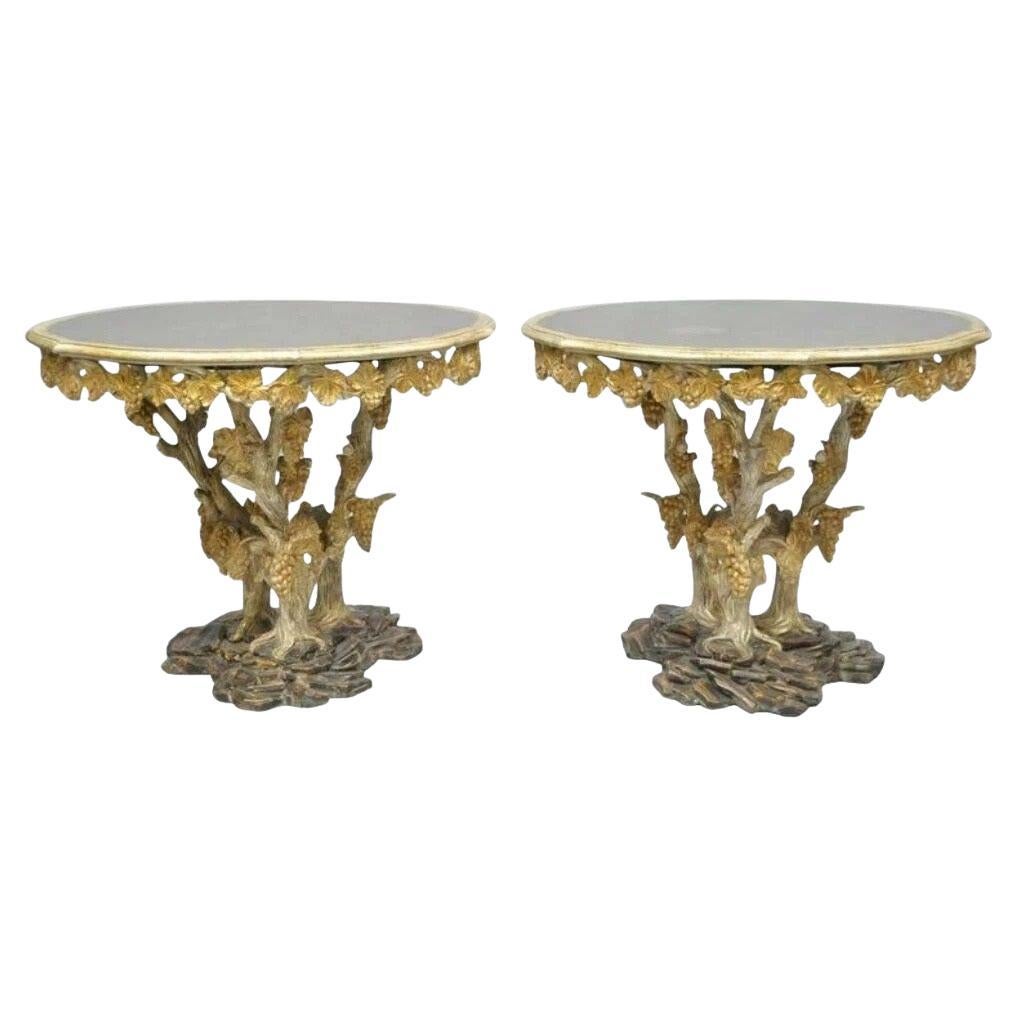 Vintage Italian Venetian Carved Wood Faux Bois Grapevine Center Tables - a Pair en venta