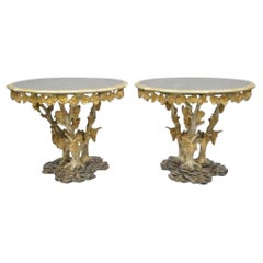 Vintage Italian Venetian Carved Wood Faux Bois Grapevine Center Tables - a Pair