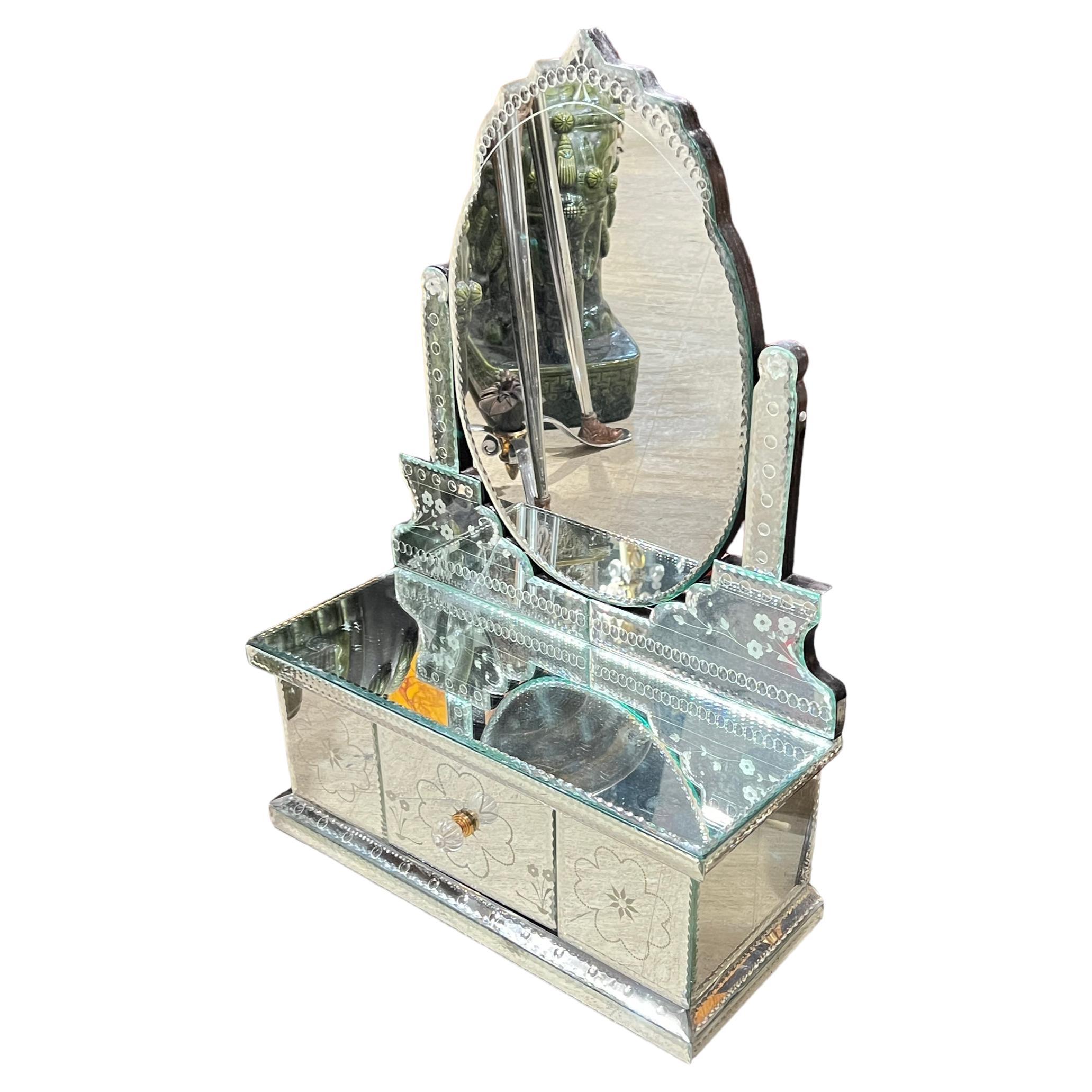 Vintage Italian Venetian Engraved Vanity Mirror with Drawer For Sale