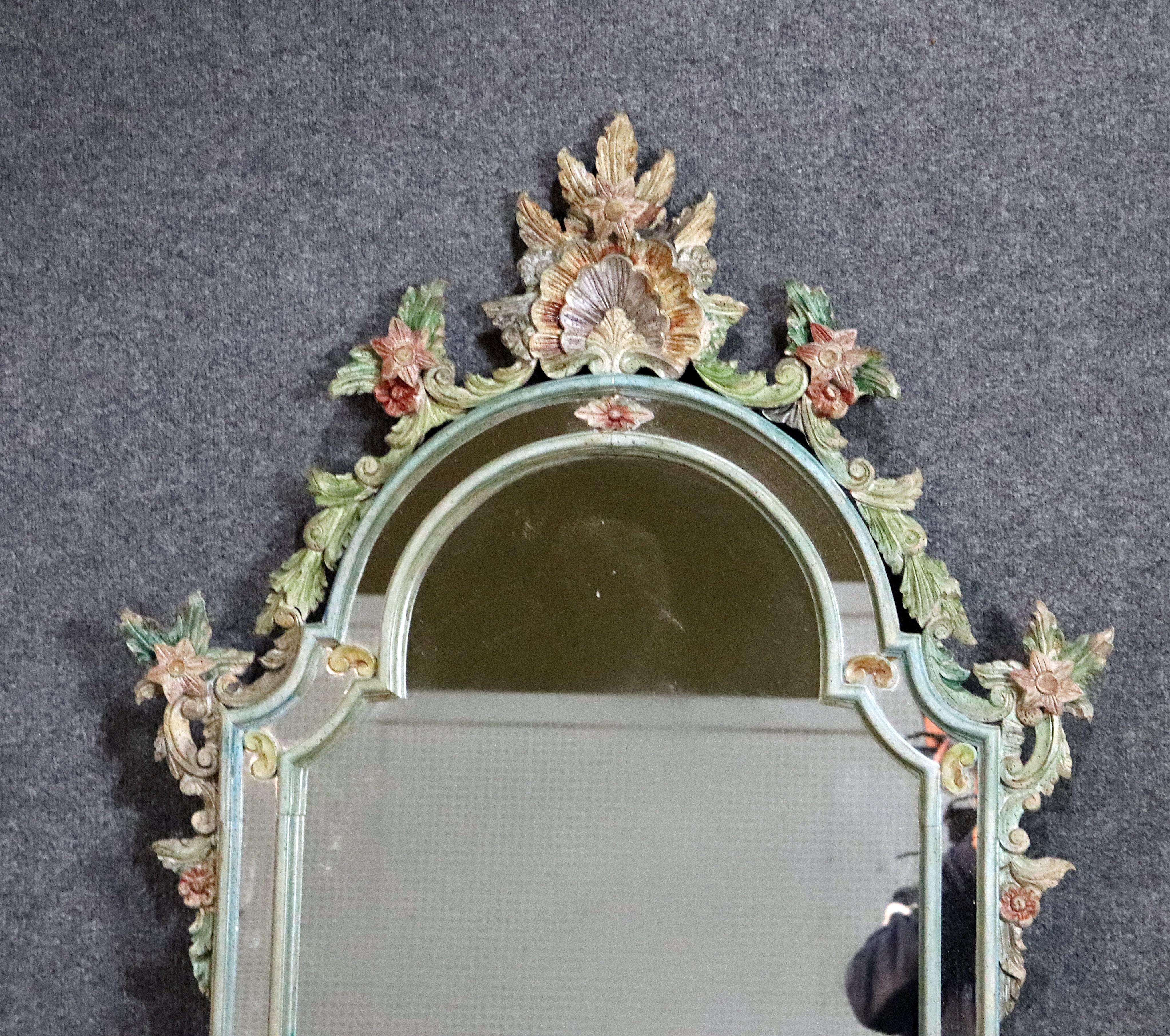 Vintage distressed painted carved Italian Venetian floral wall mirror.
