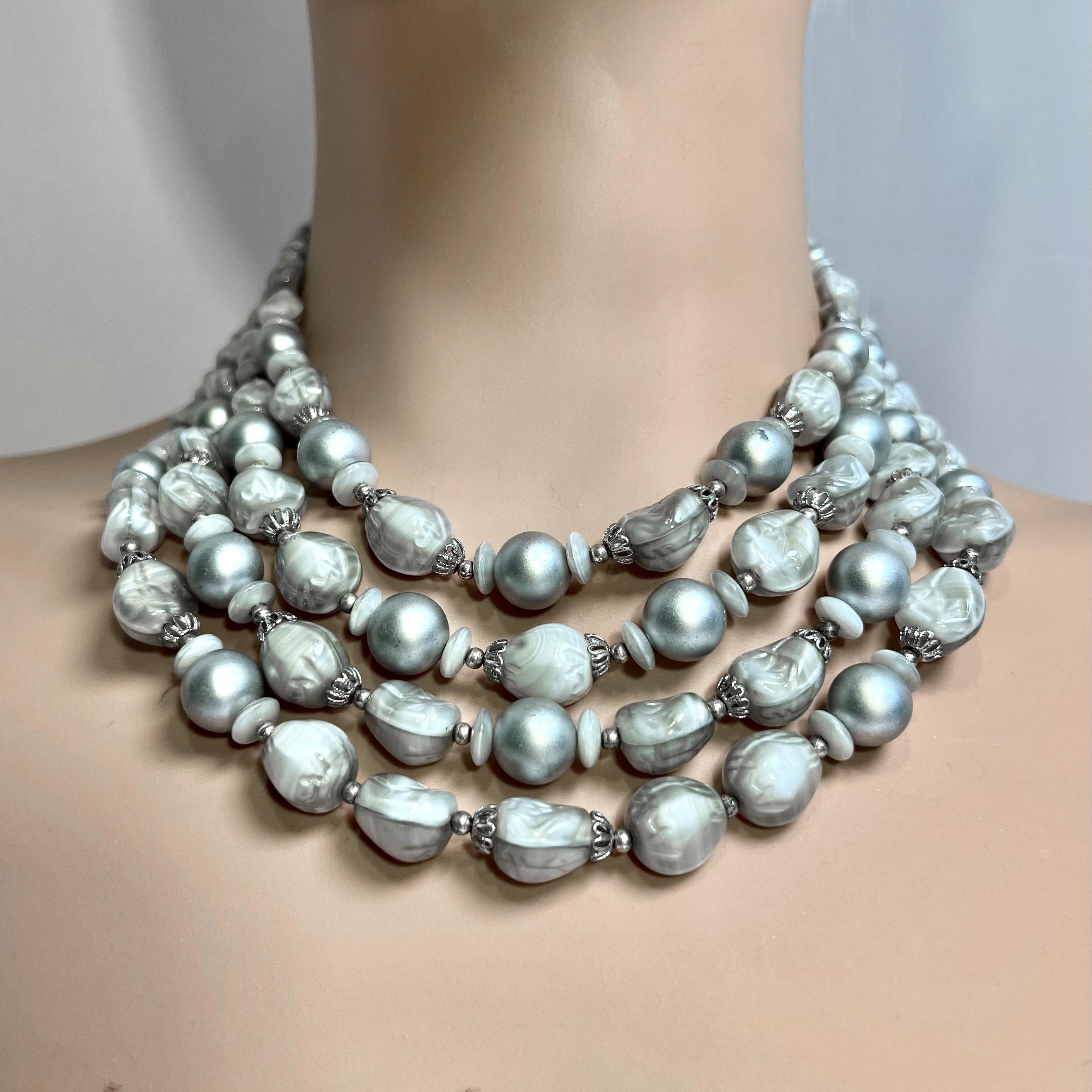 Perfect for the Rolex Steel Bracelet Wearer, a matching Vintage Italian Venetian Glass and Grey Pearl Fashion Triple Strand Necklace 16-18 inch necklace strung with grey glass baroque pearls, blon glass beads and silver rondels.