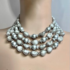 Vintage Italian Venetian Glass and Grey Pearl Fashion Triple Strand Necklace