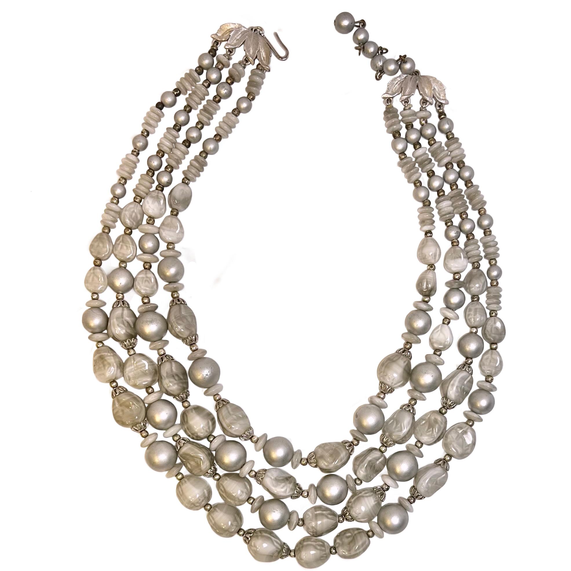 Bead Vintage Italian Venetian Glass and Grey Pearl Fashion Triple Strand Necklace For Sale