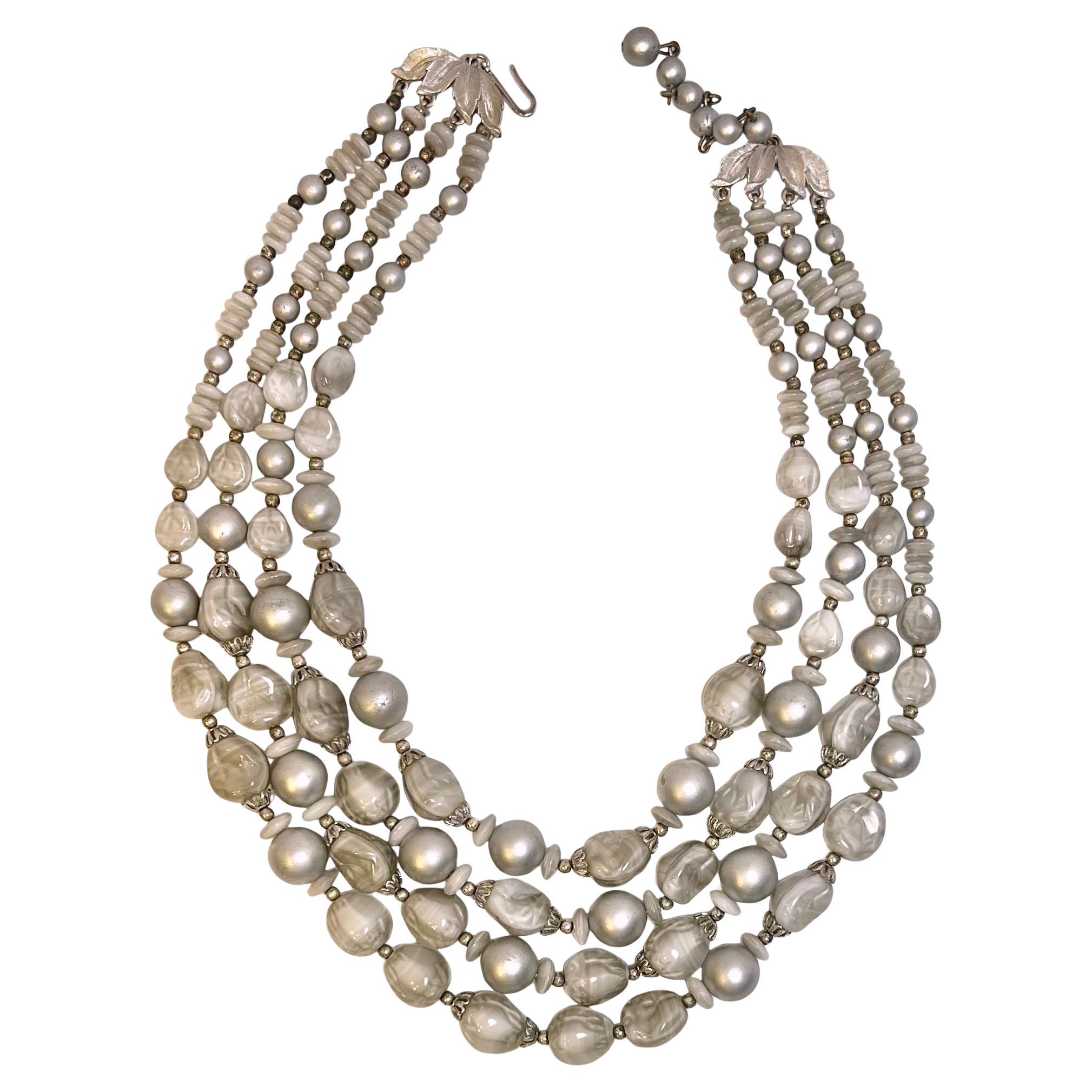 Vintage Italian Venetian Glass and Grey Pearl Fashion Triple Strand Necklace For Sale