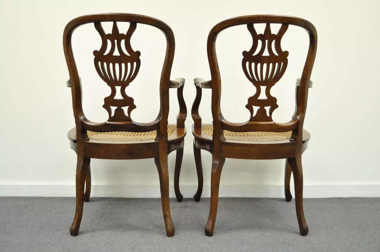 Vintage Italian Venetian Style Cherry Wood Cane Seat Arm Chairs - a Pair For Sale 4