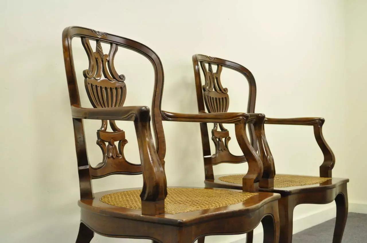 Vintage Italian Venetian Style Cherry Wood Cane Seat Arm Chairs - a Pair In Good Condition For Sale In Philadelphia, PA