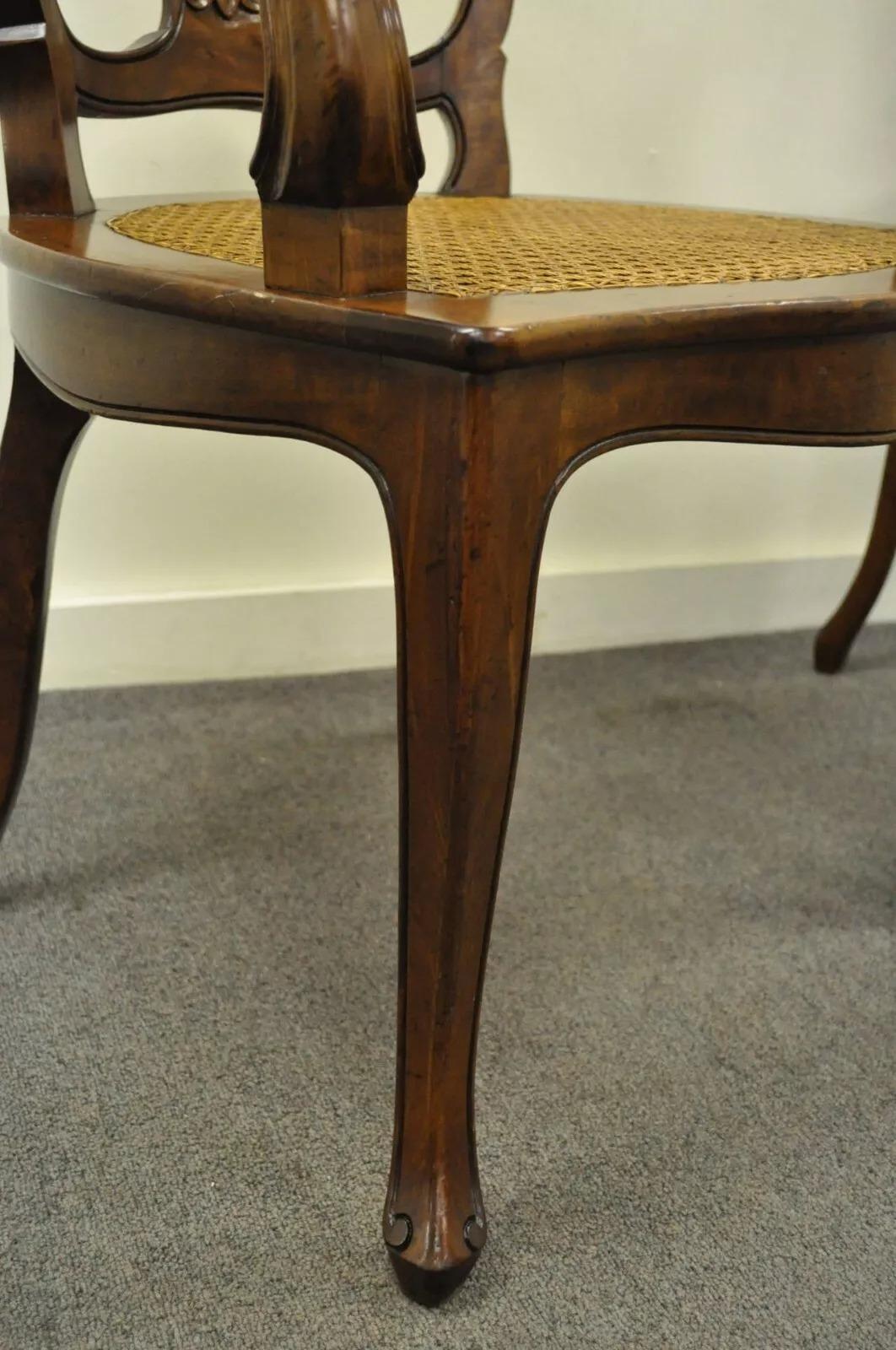 Vintage Italian Venetian Style Cherry Wood Cane Seat Arm Chairs - a Pair For Sale 1
