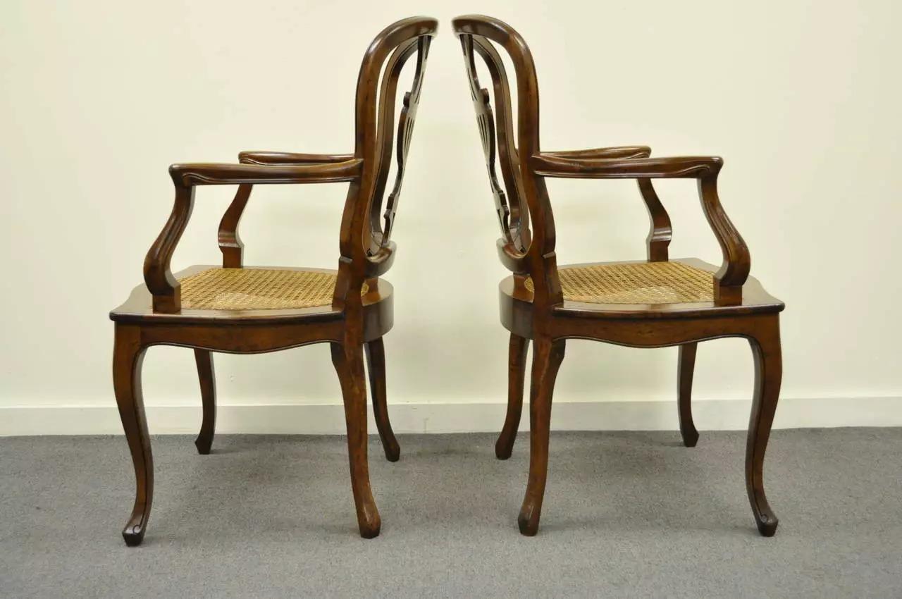 Vintage Italian Venetian Style Cherry Wood Cane Seat Arm Chairs - a Pair For Sale 3