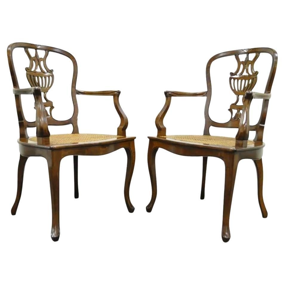 Vintage Italian Venetian Style Cherry Wood Cane Seat Arm Chairs - a Pair For Sale