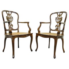 Vintage Italian Venetian Style Cherry Wood Cane Seat Arm Chairs - a Pair