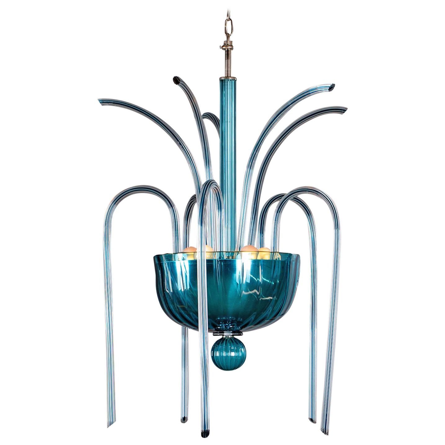 Vintage Italian Venini Fountain Murano Blue Glass Chandelier No. 99.35