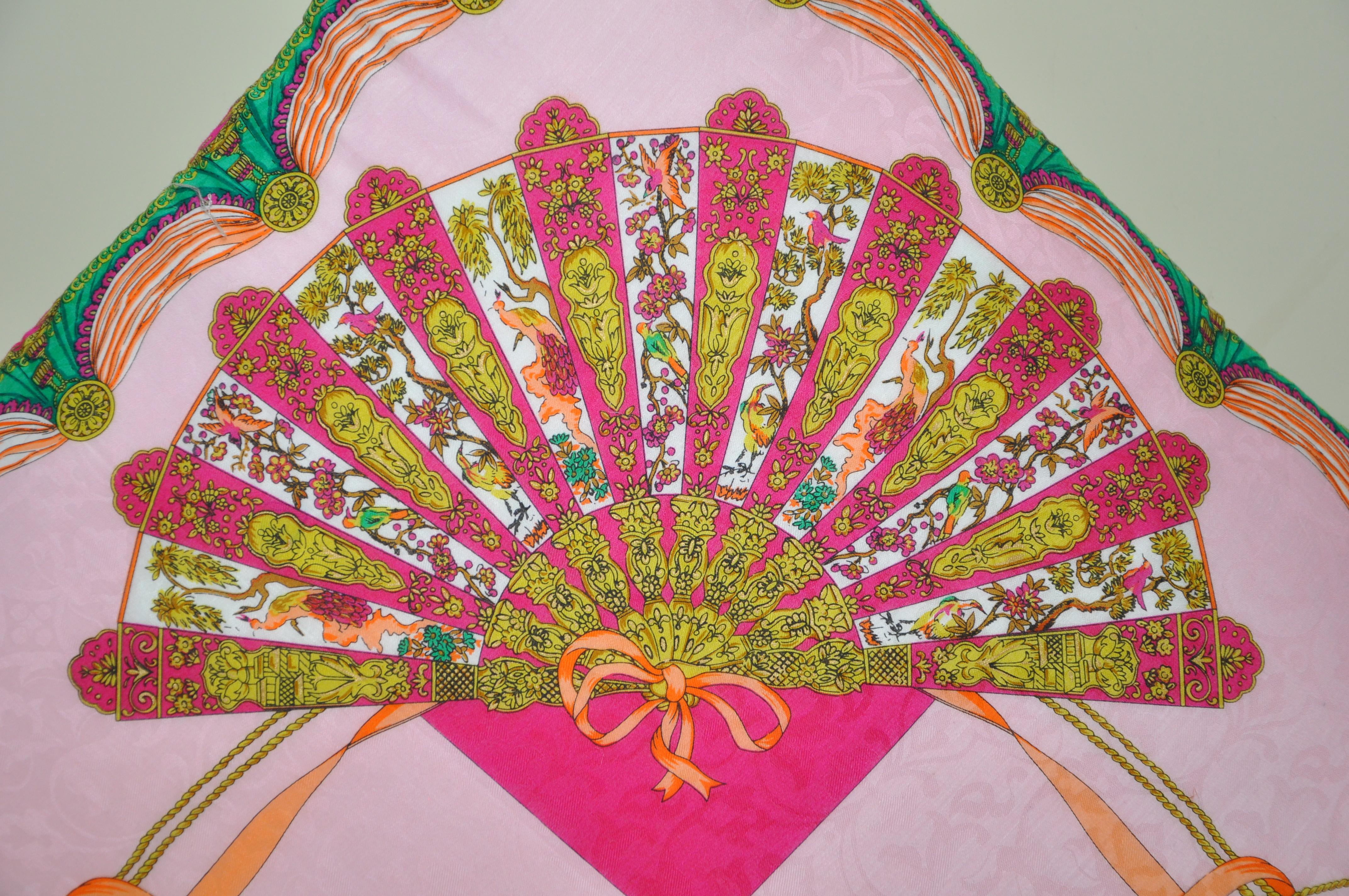 Hand-Crafted Vintage Italian Versace Fan Scarf Irish Linen Pillow Pink Green For Sale