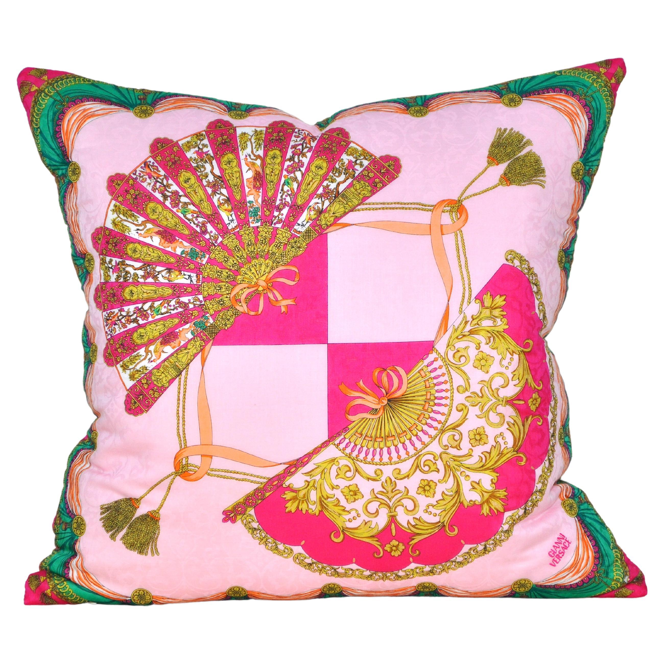 Vintage Italian Versace Fan Scarf Irish Linen Pillow Pink Green For Sale