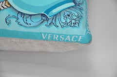 Vintage Italian Versace Silk Scarf Perfume Print Irish Linen Pillow Blue Gold