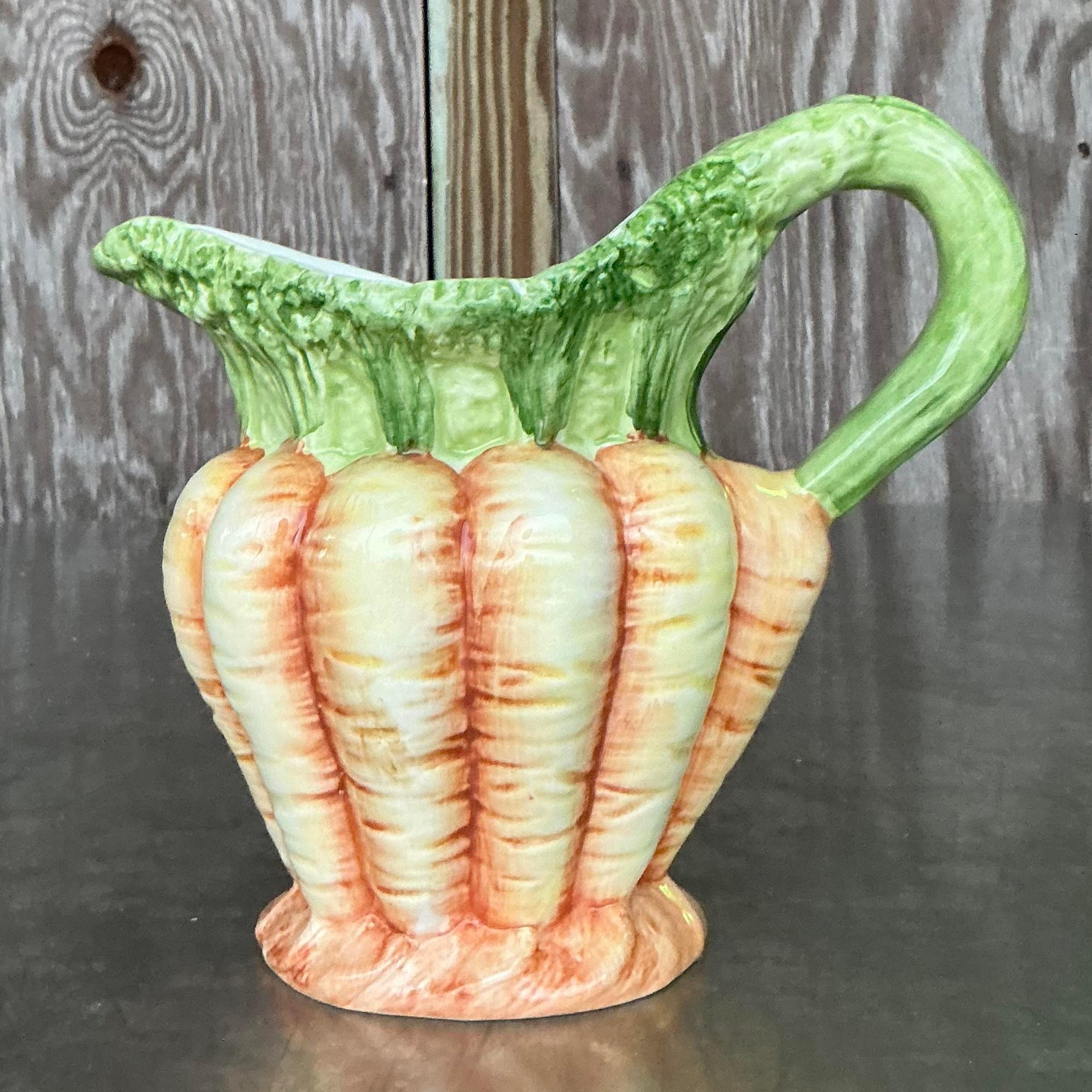 Vintage Italian Vietri Glazed Ceramic Carrots Pitcher In Good Condition In West Palm Beach, FL