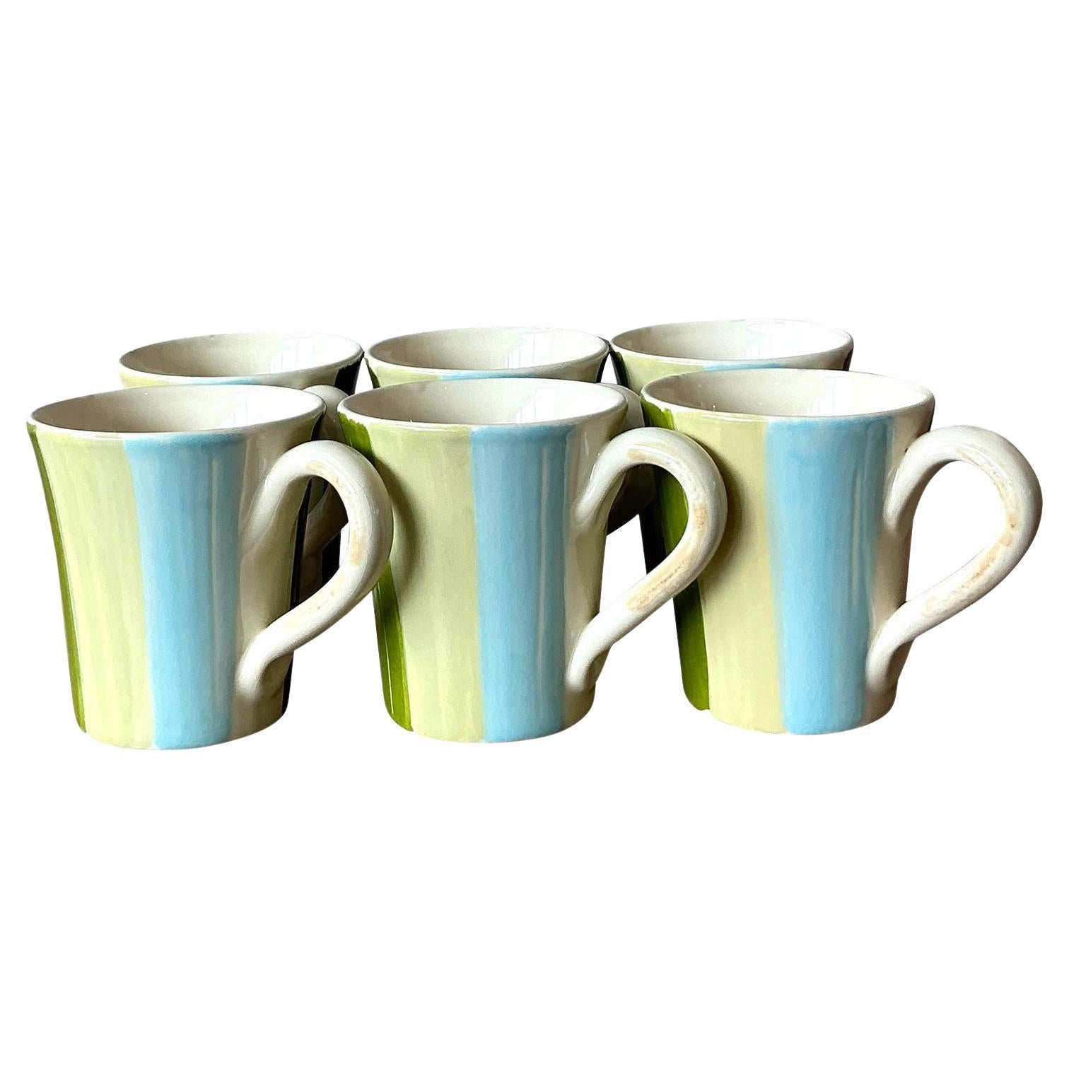 Vintage Italian Vietri Glazed Ceramic Coffee Cups - Set of 6