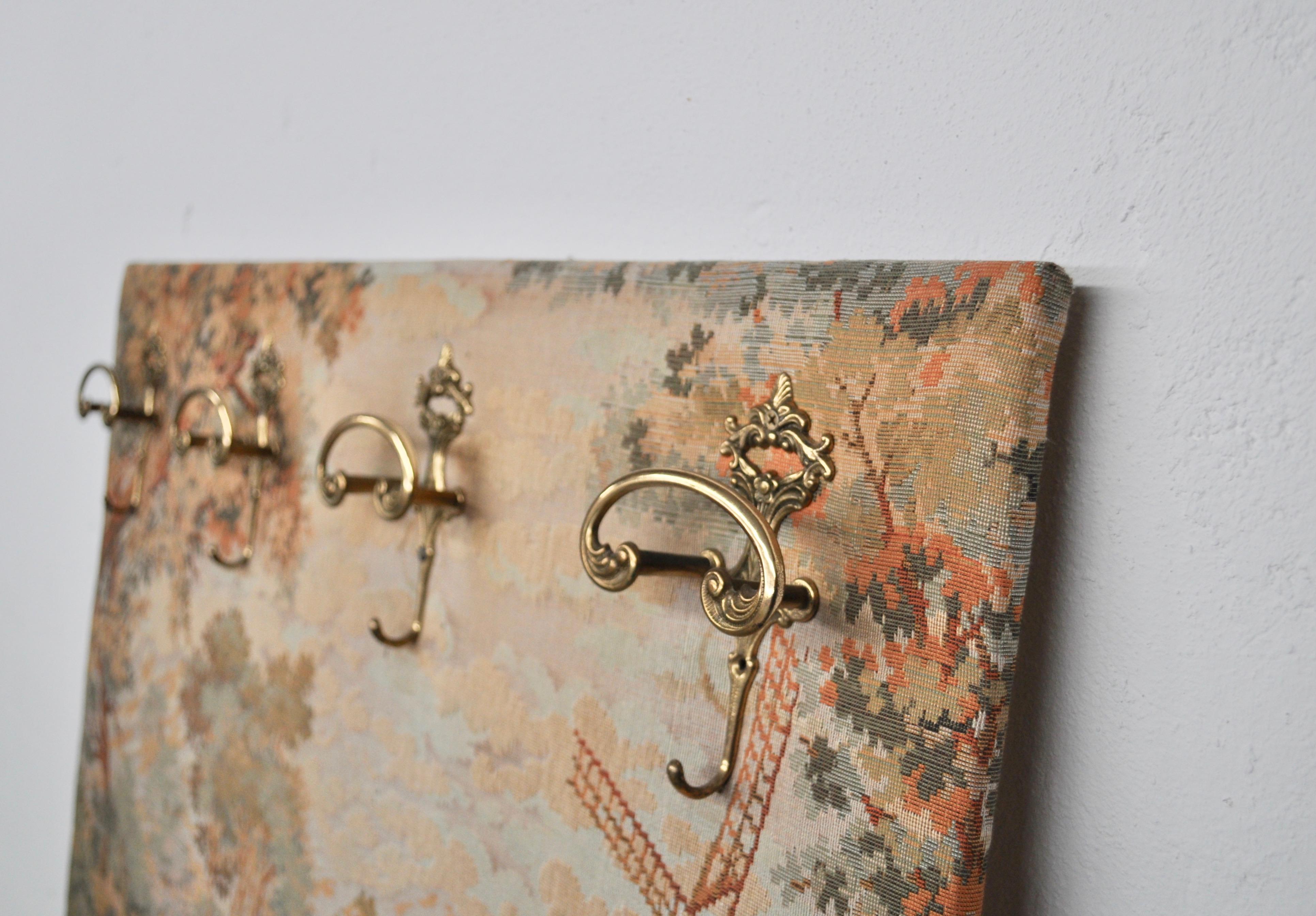 Late 20th Century Vintage Italian Wall Coat Rack with Tapestry and Brass-Plated Hangers, 1970s For Sale