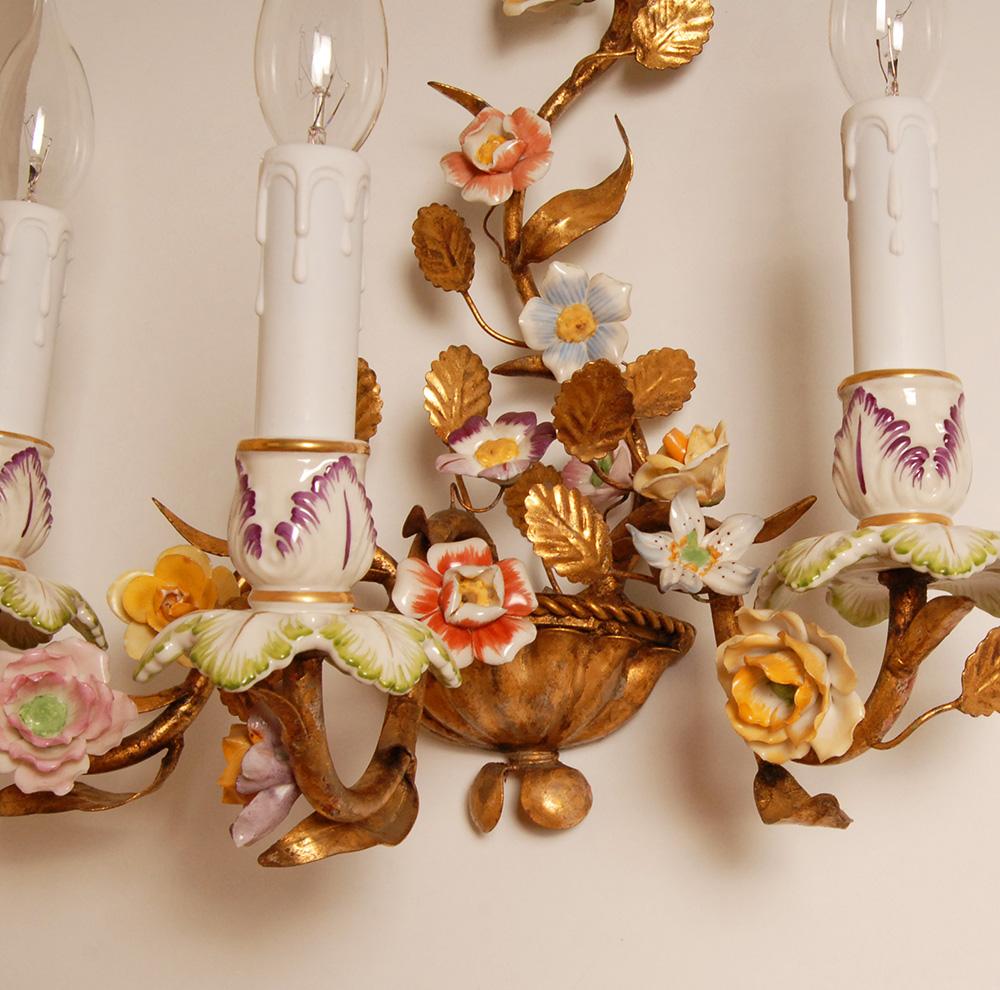 Vintage Italian Wall Lamps Gold Tole Florentiner Sconces Porcelain Roses a pair For Sale 3