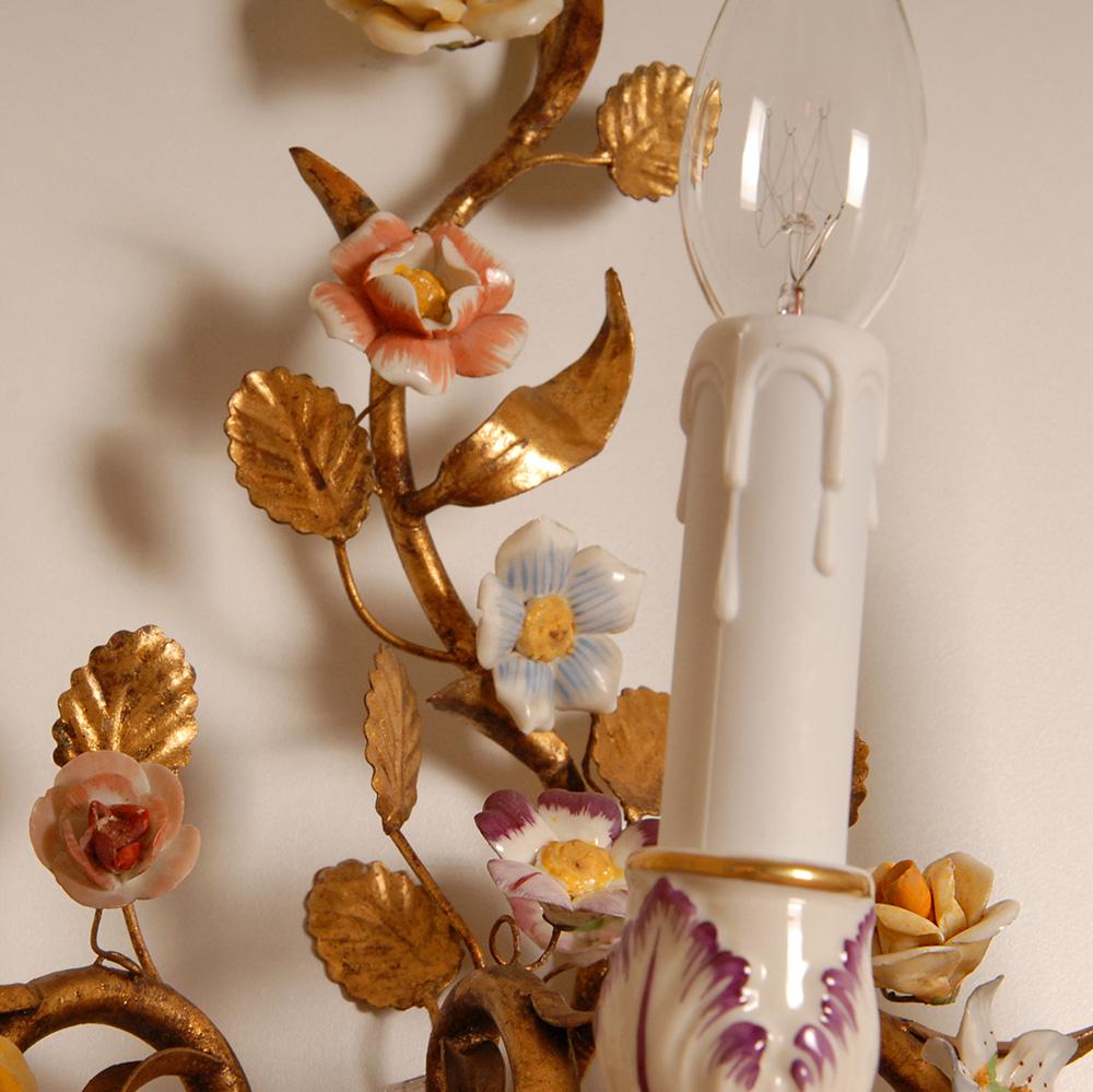 Vintage Italian Wall Lamps Gold Tole Florentiner Sconces Porcelain Roses a pair For Sale 5