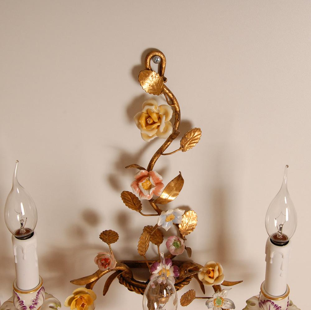 Vintage Italian Wall Lamps Gold Tole Florentiner Sconces Porcelain Roses a pair For Sale 6