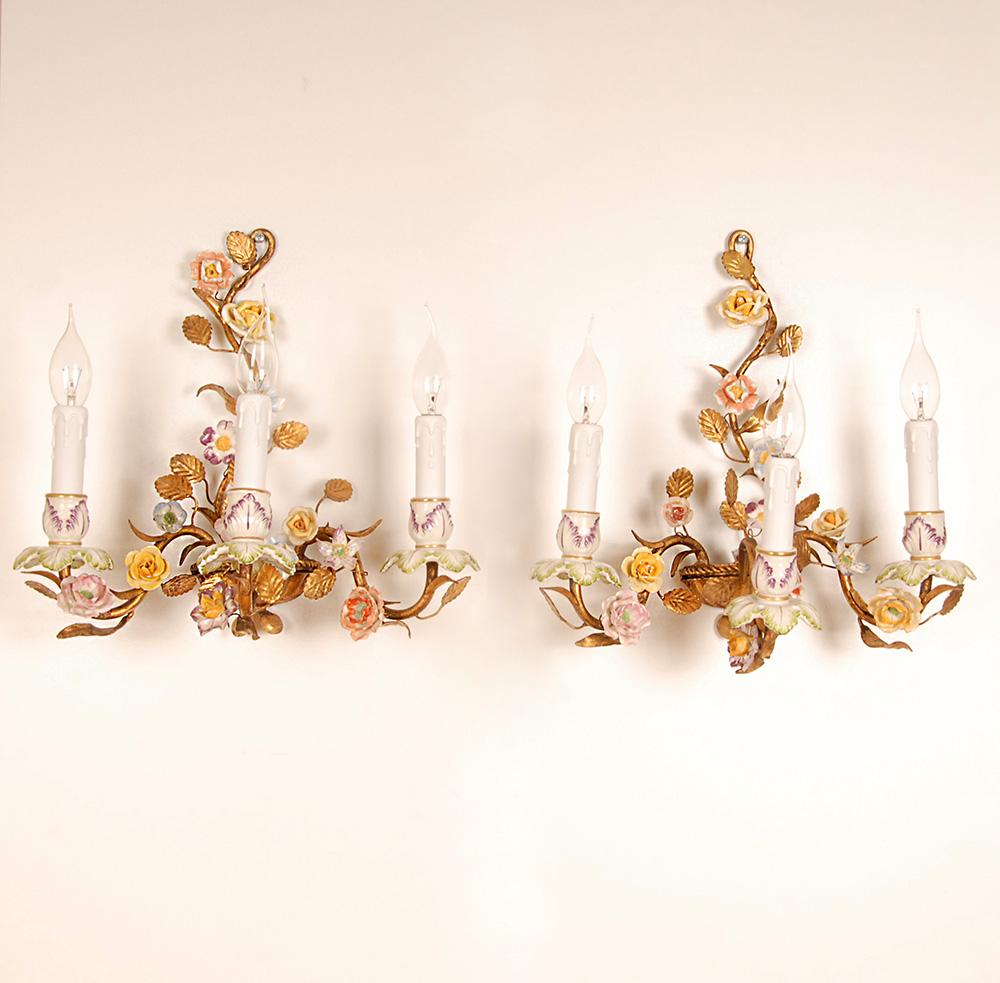 Rococo Revival Vintage Italian Wall Lamps Gold Tole Florentiner Sconces Porcelain Roses a pair For Sale