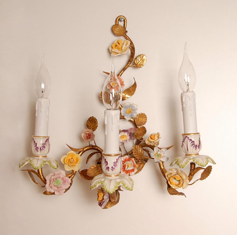 Hand-Crafted Vintage Italian Wall Lamps Gold Tole Florentiner Sconces Porcelain Roses a pair For Sale