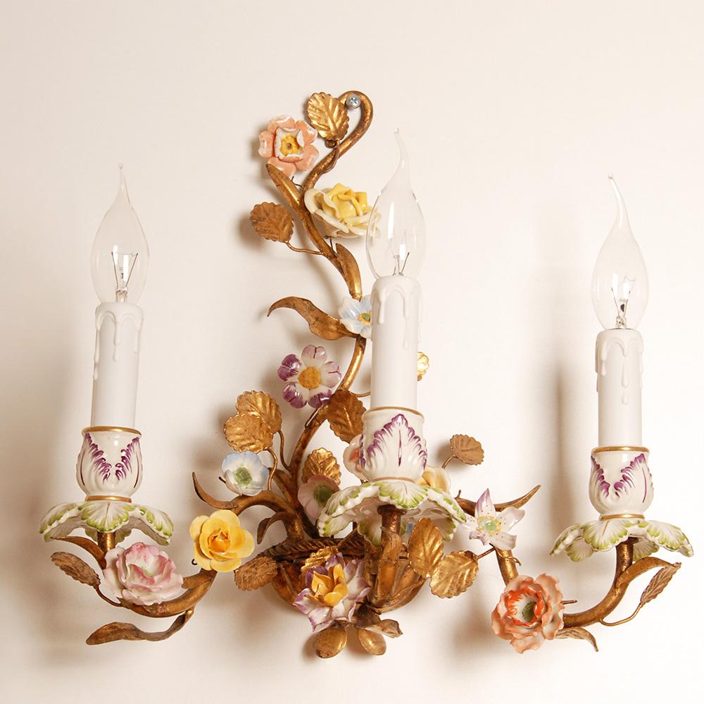 20th Century Vintage Italian Wall Lamps Gold Tole Florentiner Sconces Porcelain Roses a pair For Sale
