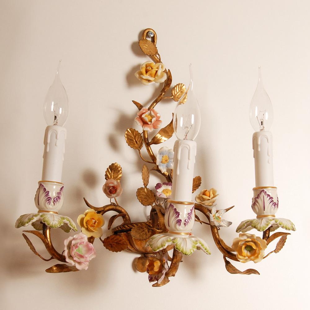 Metal Vintage Italian Wall Lamps Gold Tole Florentiner Sconces Porcelain Roses a pair For Sale